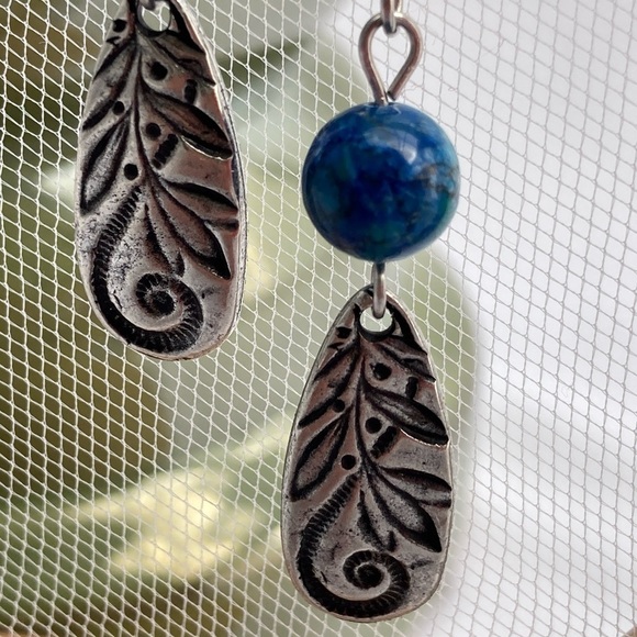 BLUE Peacock Turquoise Earrings with Teardrop Silver Charms - Picture 2 of 12